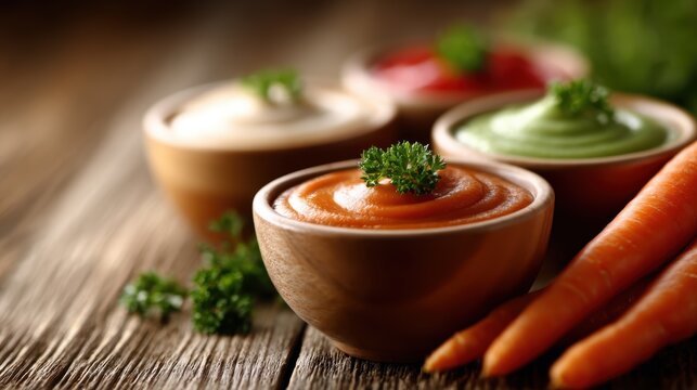 An appealing display of colorful bowls filled with various dips, surrounded by fresh vegetables, emphasizing healthy eating and vibrant food photography.