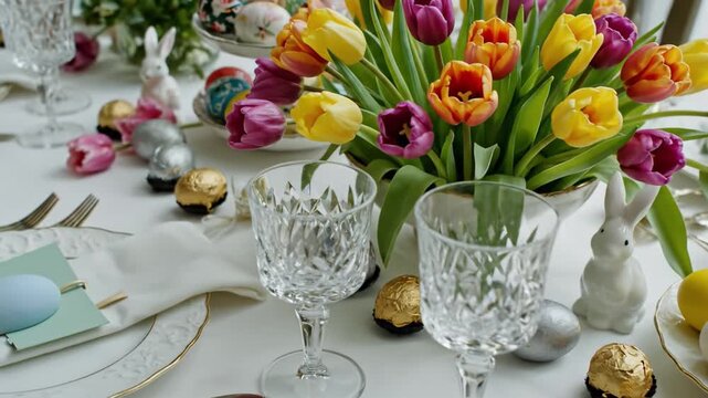 A festive dinner table decorated with colorful tulips, painted eggs, crystal glasses, and porcelain bunnies. The scene captures a bright and elegant holiday atmosphere. Ideal for lifestyle blogs.