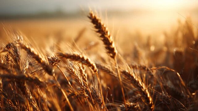 Sunlit wheat field swaying gently, warm golden tones, shallow depth of field, agricultural nature background