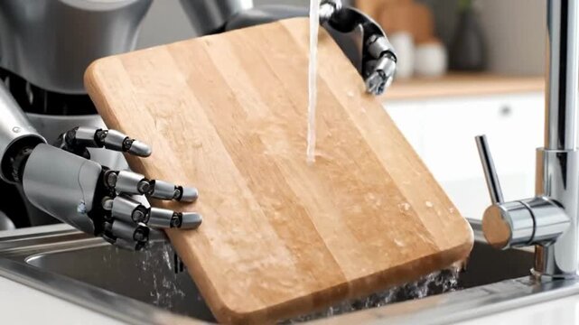 Robot hands wash a wooden cutting board in a stainless steel sink, highlighting the intersection of technology and everyday tasks. 