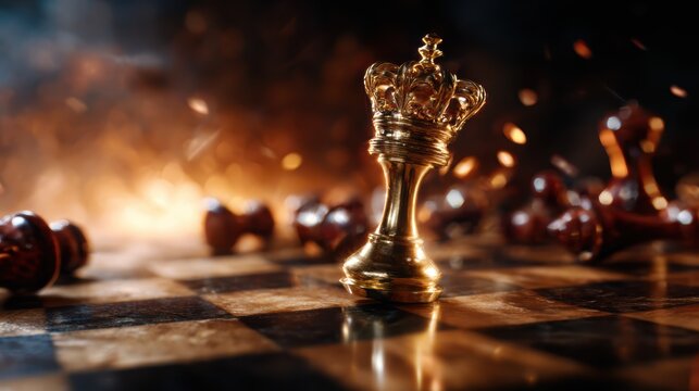 A majestic chess crown stands proudly on a scattered chessboard, symbolizing strategy, power, and the thrill of competition amidst a fiery and dramatic backdrop.