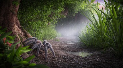 Large spider is sitting on the ground in a forest