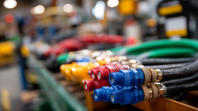 Close-up of different water hose connections display, various flexible tubing with coupling attachments arranged, industrial or garden hose collection with fittings, fluid