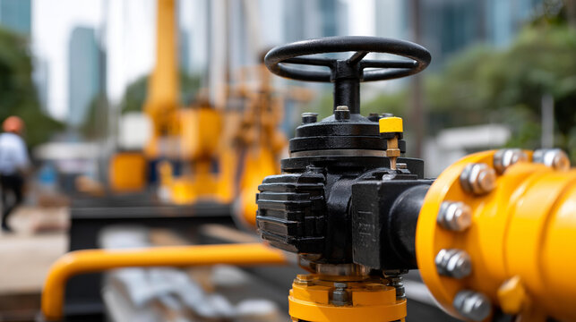 Blowout preventer large valve at wellhead installation, industrial safety equipment for oil and gas operations, critical well control device with massive valve mechanism, energy