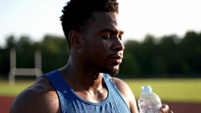 A focused athlete takes a moment to hydrate after a strenuous training session, demonstrating determination and resilience.