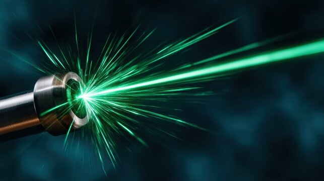 A focused shot captures a green laser cutting through material, showcasing modern technology and precision in industrial applications, representing innovation in craftsmanship.