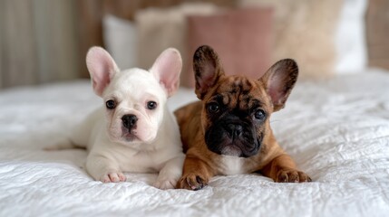 This charming image showcases a pair of cute French bulldog puppies, one white and the other brindle, resting comfortably on a cozy bed, creating an inviting atmosphere.