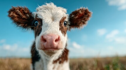 Fototapeta premium A curious young calf gazes directly into the camera against a vibrant blue sky, showcasing its expressive features and inviting personality in a rural setting.