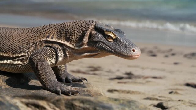 A close-up view of a Komodo dragon on a sandy beach, with the ocean in the background, showcasing its unique skin texture and features
