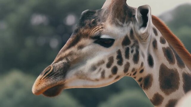 The majestic giraffe showcases its beautiful coat with a pattern of spots. Its long neck, elegant eyes, and soft features convey a sense of grace.