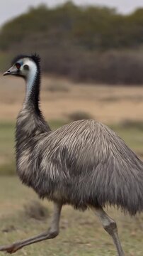 A majestic emu gracefully strides across a natural landscape, showcasing its unique plumage and long neck. This photo captures the bird in its natural environment