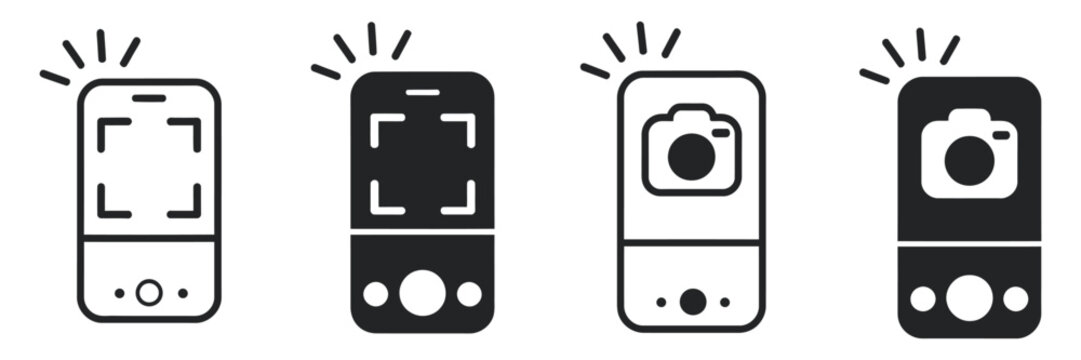 Take photo icon, camera symbols, photography flash, phone photo icon set, photocamera vector, black color, digital design, UI, web, app, graphics