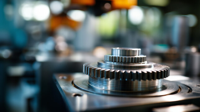 Precision gear mechanical component close-up display, industrial cog wheel with detailed tooth pattern, manufacturing machinery part with intricate design, mechanical transmission