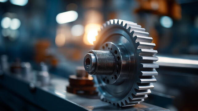 Precision gear mechanical component close-up display, industrial cog wheel with detailed tooth pattern, manufacturing machinery part with intricate design, mechanical transmission