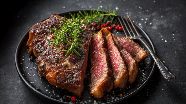 Tomahawk steak with chimichurri sauce on a black plate. Grey background.