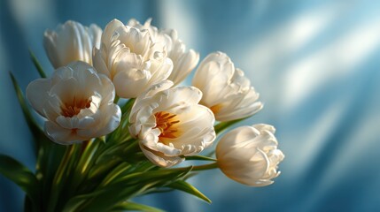 Fototapeta premium A stunning display of white tulips gently illuminated against a soft blue backdrop, showcasing the beauty of nature and the elegance of floral arrangements.