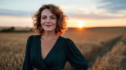 Fototapeta premium A confident woman stands in a golden field during sunset, with her curly hair catching the light, exuding positivity and a sense of freedom in nature's embrace.