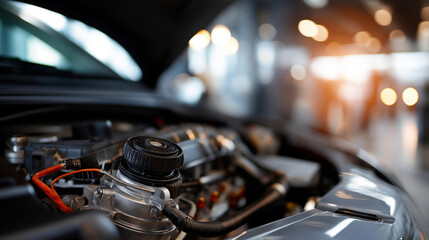Obraz premium Car engine mechanical components and powerplant systems, automotive motor with intricate machinery and mechanisms, vehicle engine bay with visible technical elements, automobile
