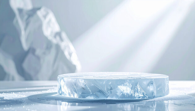 Circular ice pedestal, blurred white backdrop, clean and cool product display, podium with frosty textures