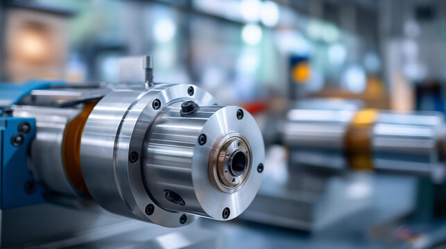 Close-up of heavy-duty rotary actuator mechanism, multiple hydraulic cylinders with metal construction display, precision rotational motion equipment with powerful output,