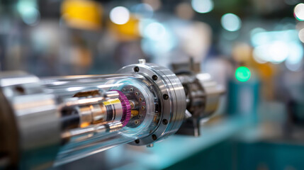 Fototapeta premium Demonstration of cutaway shut-off valve model working, industrial valve cross-section showing internal mechanism, oil or gas pipeline component with educational display, process