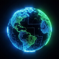 Naklejka premium Futuristic glowing digital planet Earth hologram with cyber grid and circuit lines