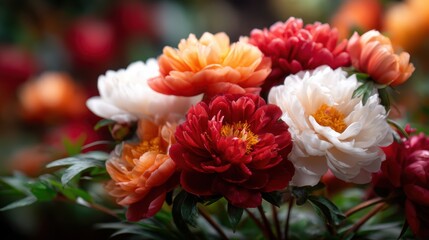 A dazzling bouquet featuring a variety of peonies in full bloom, showcasing rich colors and delicate petals, embodying the beauty and fragrance of nature's artistry.