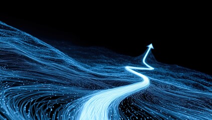 a blue light in the shape of an arrow, pointing upwards in space a long, white path leads to one end where there's another bright line it creates an atmosphere of movement, speed Generative AI © SKIMP Art