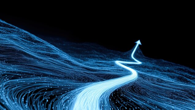 a blue light in the shape of an arrow, pointing upwards in space a long, white path leads to one end where there's another bright line it creates an atmosphere of movement, speed Generative AI