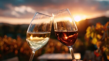 Naklejka premium Two elegant wine glasses cheerfully clink together against a picturesque sunset backdrop, epitomizing celebration and shared moments of joy amidst nature's beauty.