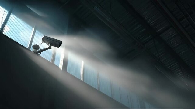 Security camera mounted on wall with sunlight and smoke rays  
