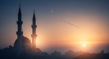 Fototapeta premium Spiritual Dawn Mosque Silhouette Against a Fiery Sunrise Sky with a Crescent Moon and Birds in Flight, Evoking Tranquility and Faith
