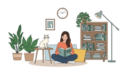 Fototapeta premium Young woman sitting on the floor and reading a book in a cozy room with a white cat, potted plants, and a bookshelf.
