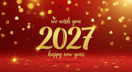 Red new year background with golden hearts bokeh perfect for holiday season banners and celebration concept designs displaying luxury