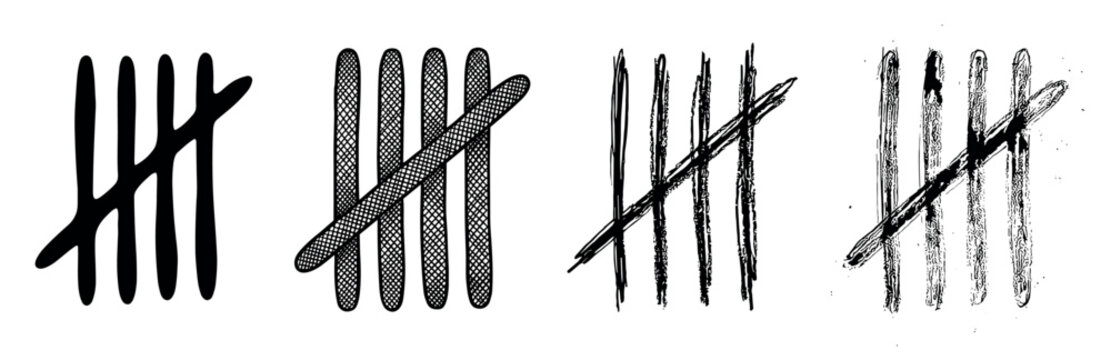 Set of four hand-drawn tally marks showing different artistic styles from clean and solid to textured, sketchy, and distressed grunge for counting or keeping score