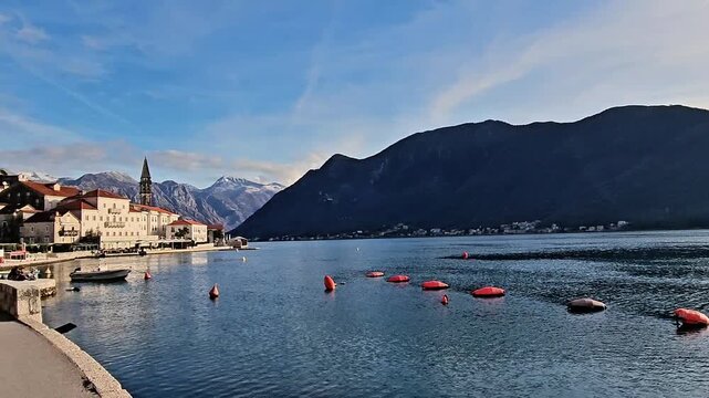 Perast Waterfront and Old Town View, Bay of Kotor, Montenegro