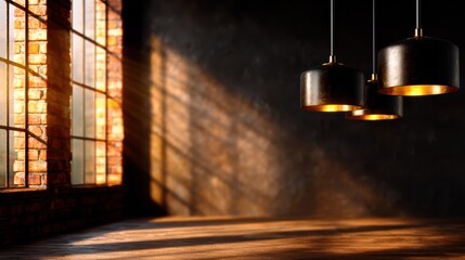 Obraz premium A stunning display of pendant lights casting warm light through large windows in a rustic industrial space, creating a blend of warmth and elegance.