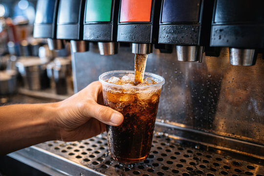 Carbonated soft drink pouring from a soda fountain into a plastic cup with ice. Concept of fast food, self service, cold beverage, cafe, restaurant, and soft drink consumption.