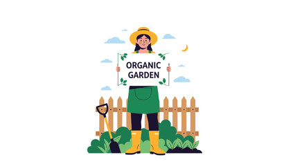 Fototapeta premium Proud female gardener standing behind a wooden fence holding a sign that says organic garden in a green field.