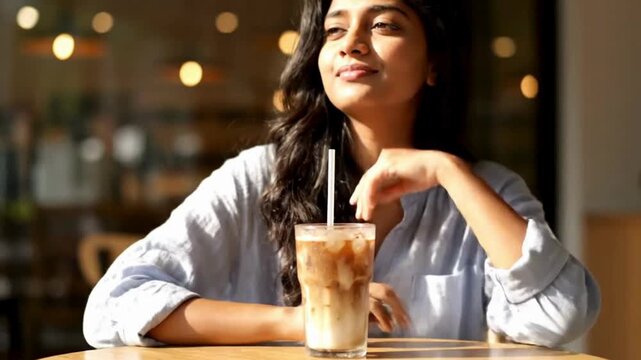 A moment of peace and happiness. A woman enjoys a refreshing iced coffee while basking in the warmth of sunlight in a cozy cafe, her expression conveying contentment and tranquility.