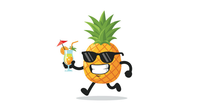 Happy cartoon pineapple character wearing sunglasses running while holding a tropical cocktail with an umbrella and straw.