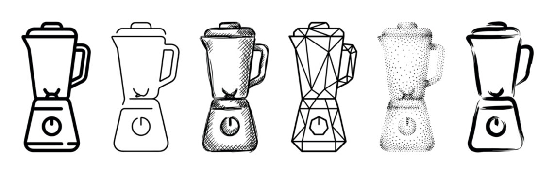 Six distinct black and white blender illustrations showcase various artistic styles, including outline, sketch, geometric, stippled, and brush stroke, depicting modern kitchen appliances