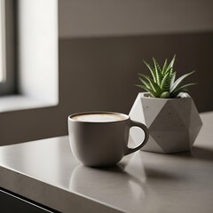 Fototapeta premium Gray coffee cup on a table beside a small potted green succulent plant