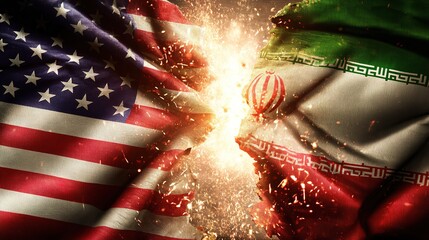 Naklejka premium Flags of Iran and USA. Crack between state symbols. Concept of political conflict with USA. Severance of relations with Iran. Patriotic banners of USA and Iran. Diplomatic relations