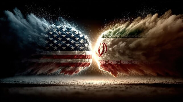 Flags of USA and Iran painted on two fists on sky background. United States of America versus Iran trade war disputes concept. Sanctions policy