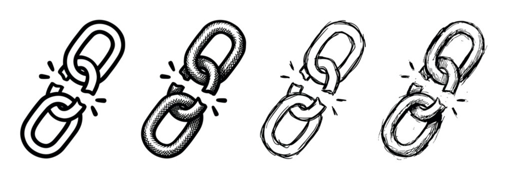 Set of four broken chain link icons in a hand-drawn sketch style with different textures, from simple line art to detailed cross-hatching, symbolizing disconnection and freedom