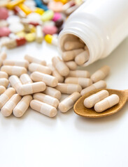 Various tablets and capsules, supplements and vitamins. Selective focus.