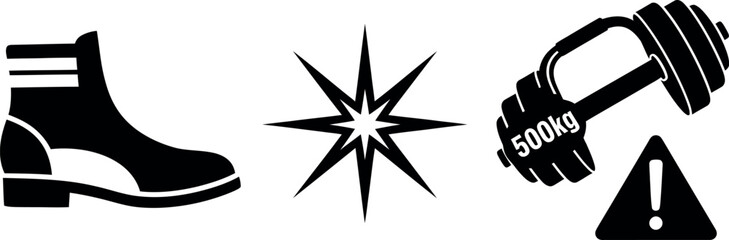 Safety symbols combining footwear, hazard, and warning signals for workplace alertness.