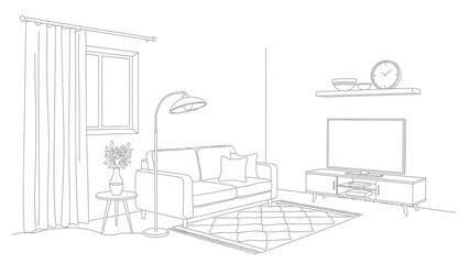 Black and white line art sketch of a modern living room interior with sofa and TV stand. © Rendi
