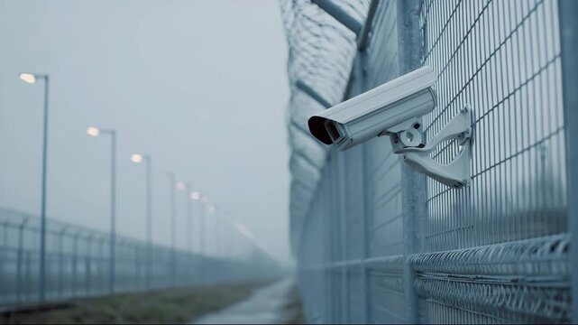 Security camera mounted on fence in dimly lit outdoor environment  